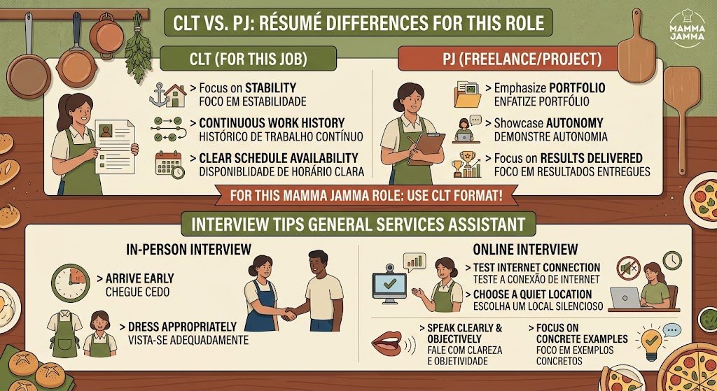 An infographic illustrating where to find job listings and how to apply for the General Services Assistant Job at Mamma Jamma.