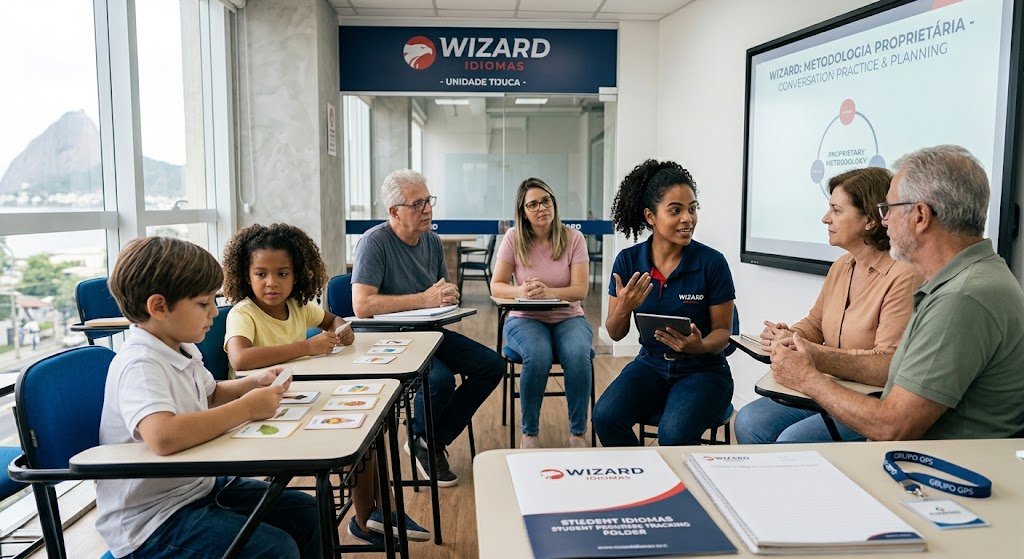 An English teacher using a tablet and interactive screen to lead a lesson for students of various ages at the Wizard Idiomas Tijuca unit.