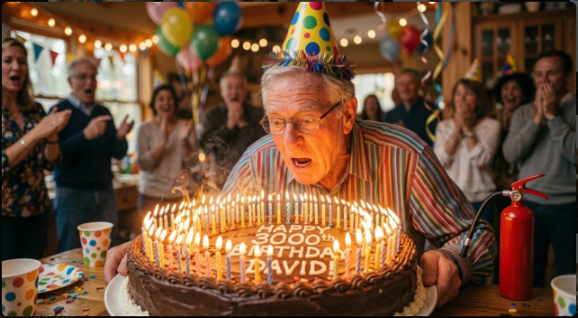 Funny birthday jokes for seniors — man blowing out candles on giant birthday cake
