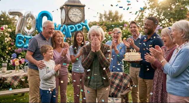 Funny birthday jokes for seniors — family celebrating a 70th birthday party with confetti.