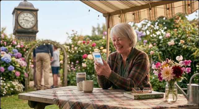 Funny birthday jokes for seniors — woman laughing at phone message in garden setting