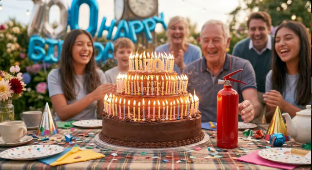 Funny birthday jokes for seniors — giant birthday cake covered in candles with fire extinguisher nearby