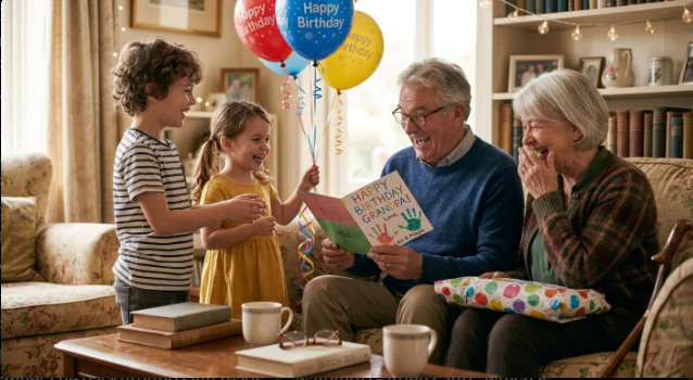 Funny birthday jokes for seniors — grandchildren giving grandfather a handmade birthday card
