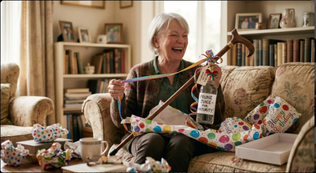 Funny birthday jokes for seniors — woman laughing while opening a joke birthday gift
