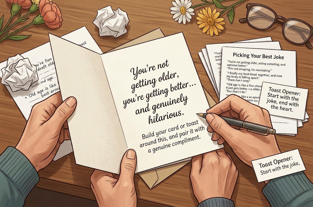 Hands writing a message in a birthday card on a wooden table next to drafts of birthday toasts, flowers, and reading glasses, with the card reading "You're not getting older, you're getting better... and genuinely hilarious."