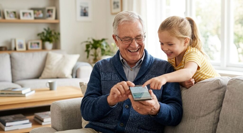 Funny old age quotes about technology — grandfather laughing with smartphone and grandchild