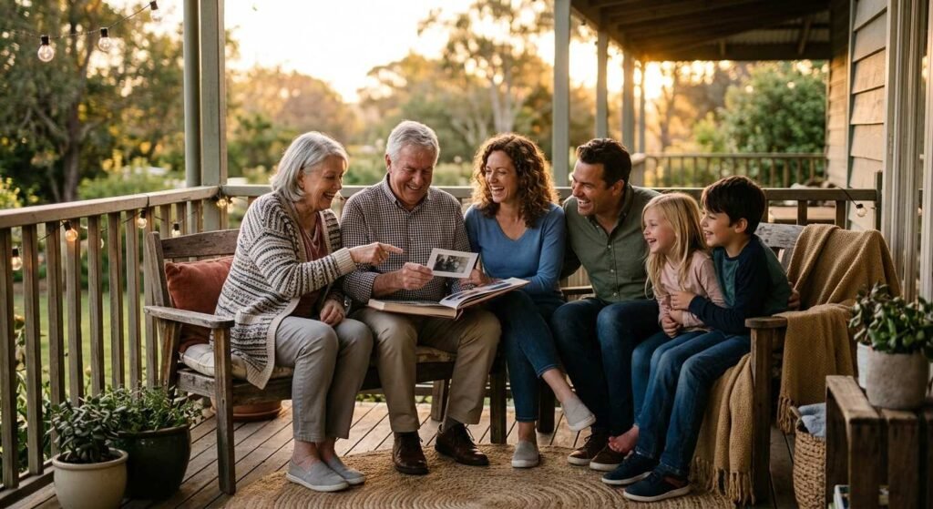 Funny old age quotes bringing generations together — family laughing on a porch