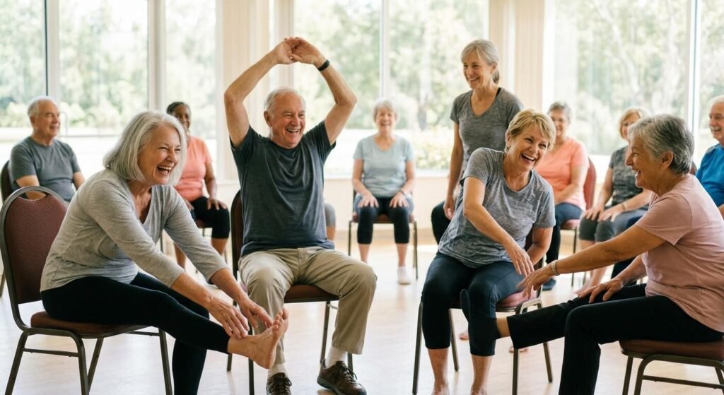Funny old age quotes about staying active — seniors laughing during chair yoga