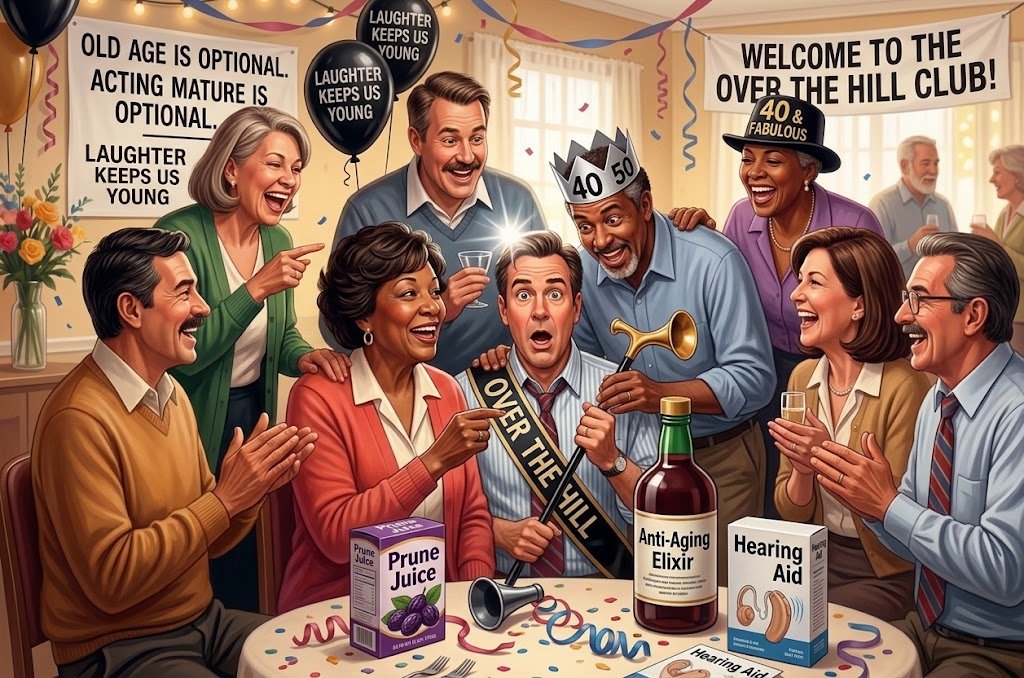 A lively 50th birthday party with adult friends celebrating, wearing an "Over the Hill" sash and paper crown, surrounding funny gifts like prune juice, anti-aging elixir, and hearing aids on the table.