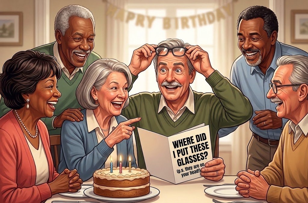 A group of cheerful seniors laughing around a birthday cake while a man humorously holds reading glasses on top of his head while looking at a card that says "Where did I put those glasses? (p.s. they are on your head!)".