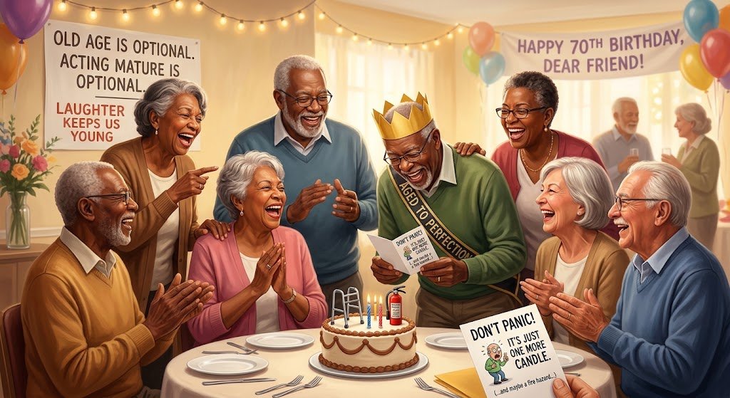 A group of cheerful seniors laughing together around a birthday cake decorated with comical candles and mini fire extinguishers, while reading a funny birthday card during a 70th birthday celebration.