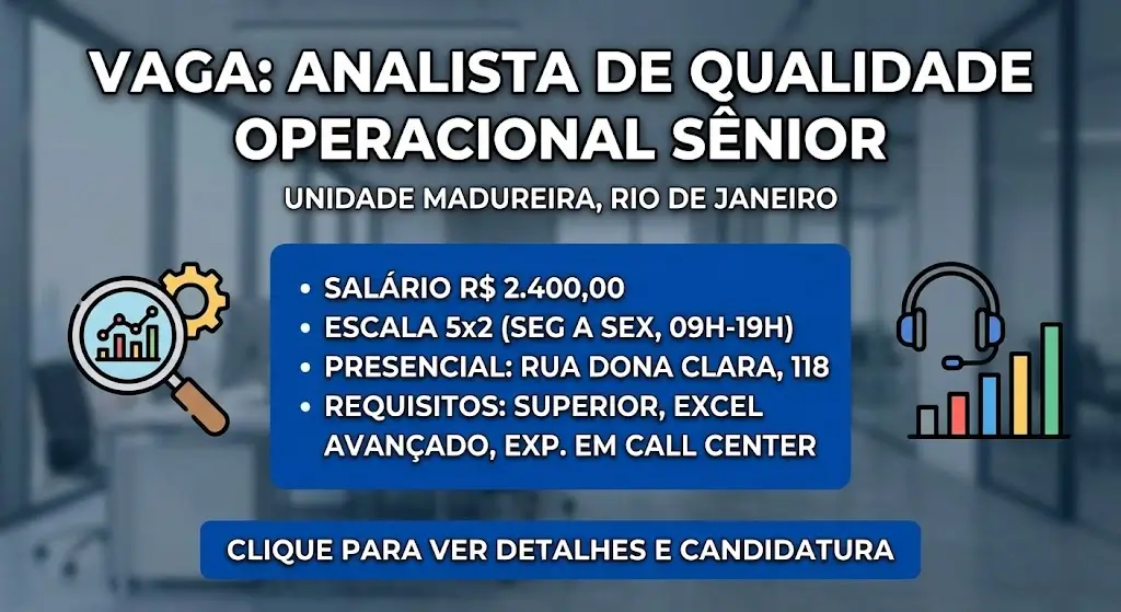 Analista de Qualidade Operacional Sênior – Unidade Madureira, Rio de Janeiro