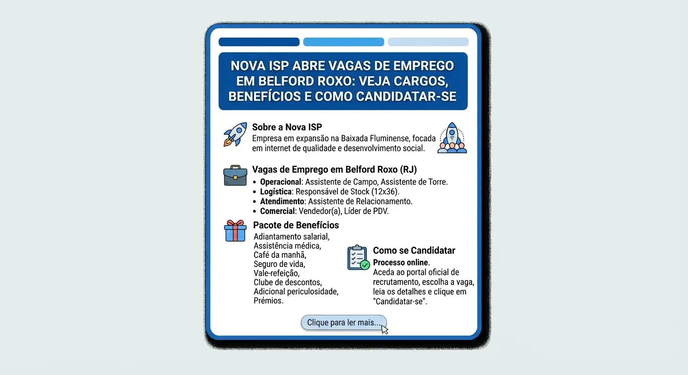Nova ISP abre vagas de emprego em Belford Roxo veja cargos, benefícios e como candidatar-se