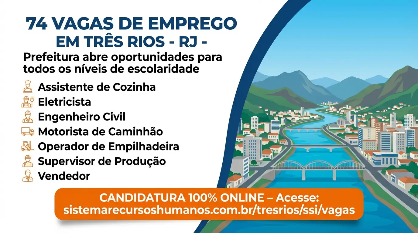 Prefeitura de Três Rios, RJ, abre 74 vagas de emprego para todos os níveis de escolaridade