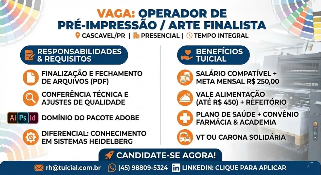 Operador de Pré Impressão – Arte Finalista em CascavelPR (Formato de Trabalho Presencial)