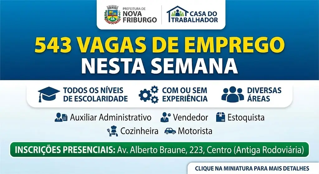 Prefeitura de Nova Friburgo RJ oferece 543 vagas de emprego nesta semana