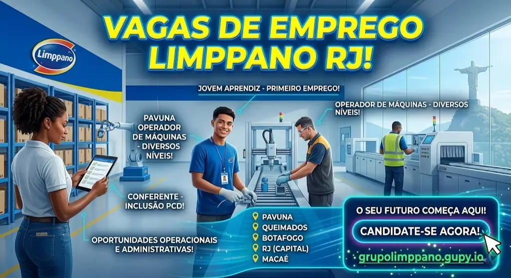 Limppano anuncia vagas de emprego no RJ para Conferente, Jovem Aprendiz, Operador de Máquinas e outras funções