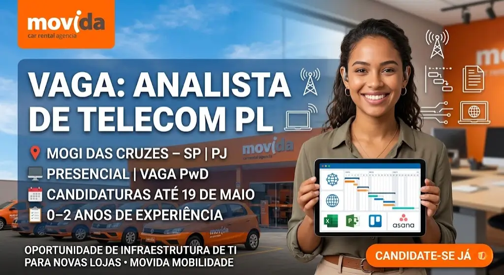 Analista de Telecom Pl Movida abre vaga para projetos de TI em Mogi das Cruzes