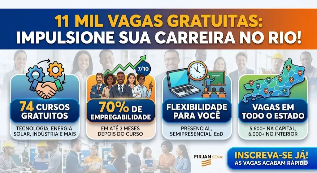 Firjan Senai abre mais de 11 mil vagas gratuitas em 74 cursos para impulsionar sua carreira
