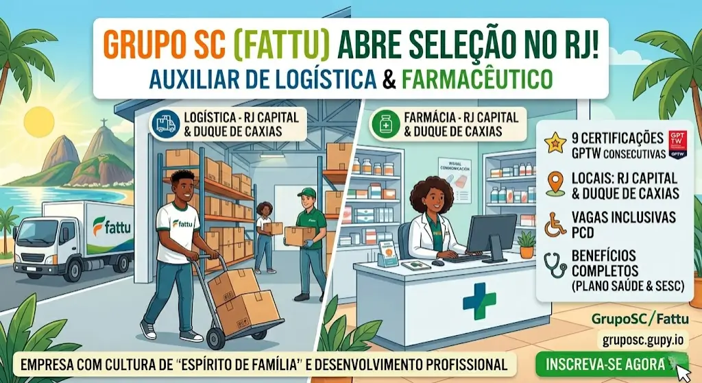 Vagas de emprego no RJ GrupoSC abre seleção para Auxiliar de Logística e Farmacêutico