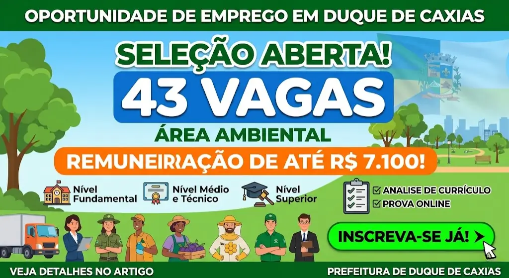 Duque de Caxias Abre Seleção com 43 Vagas e Remuneração de até R$ 7.100 — Inscreva-se Já!