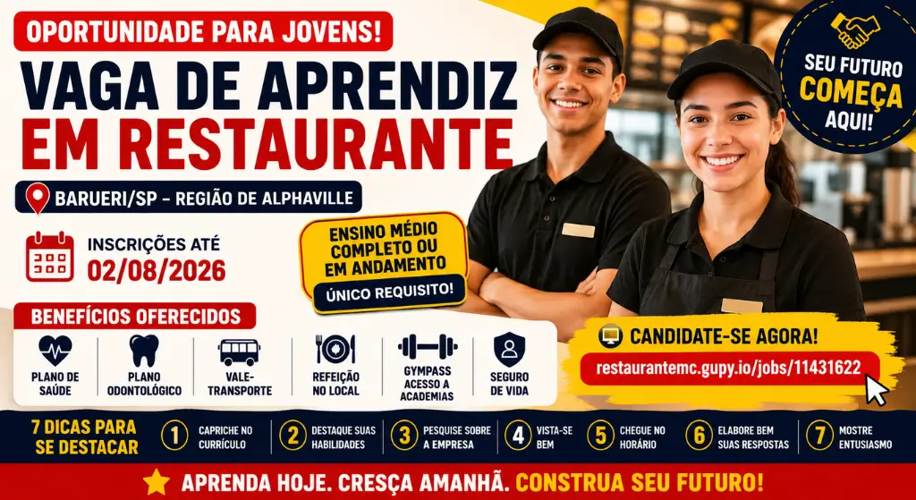 Oportunidade para Jovens Vaga de Aprendiz em Restaurante em BarueriSP