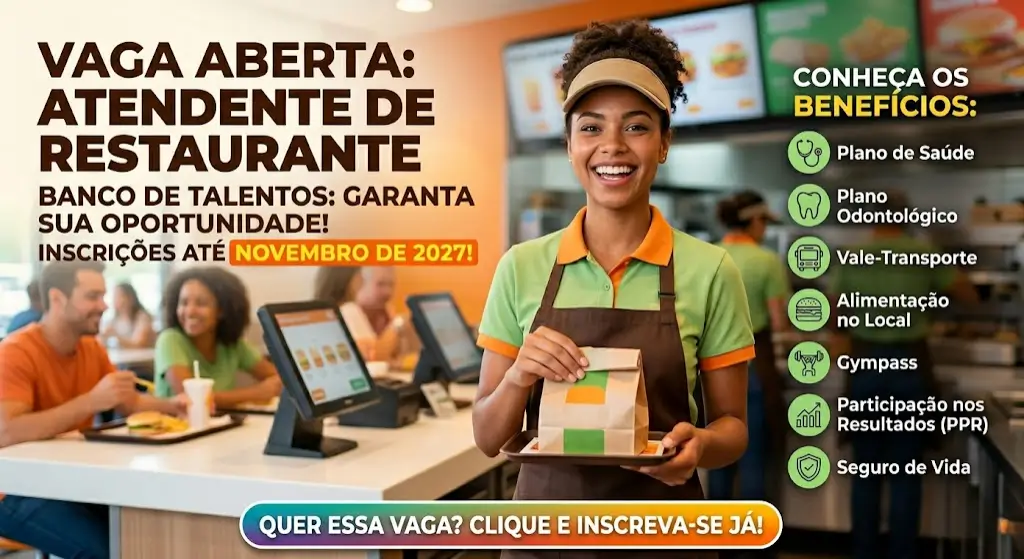 Vaga de Atendente de Restaurante Banco de Talentos Aberto até Novembro de 2027
