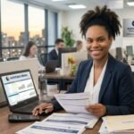 A smiling female accounting analyst working at her desk in a modern corporate office with a laptop and documents.